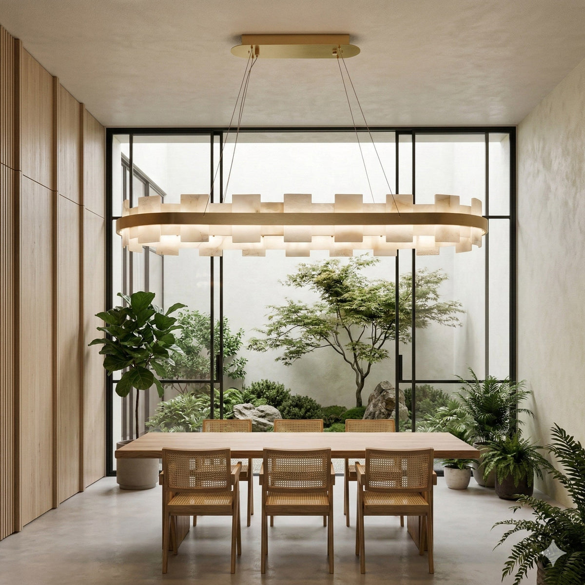 Montyra LED Panelled Alabaster Linear Chandelier - Soft White & Brass