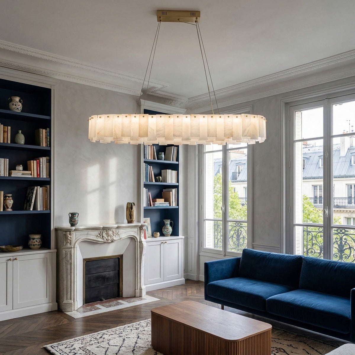 Valeris 14 Light Alabaster Linear Chandelier - Soft White & Brass