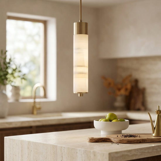 Elviro LED Slim Tube Alabaster Pendant Light - Brushed Brass