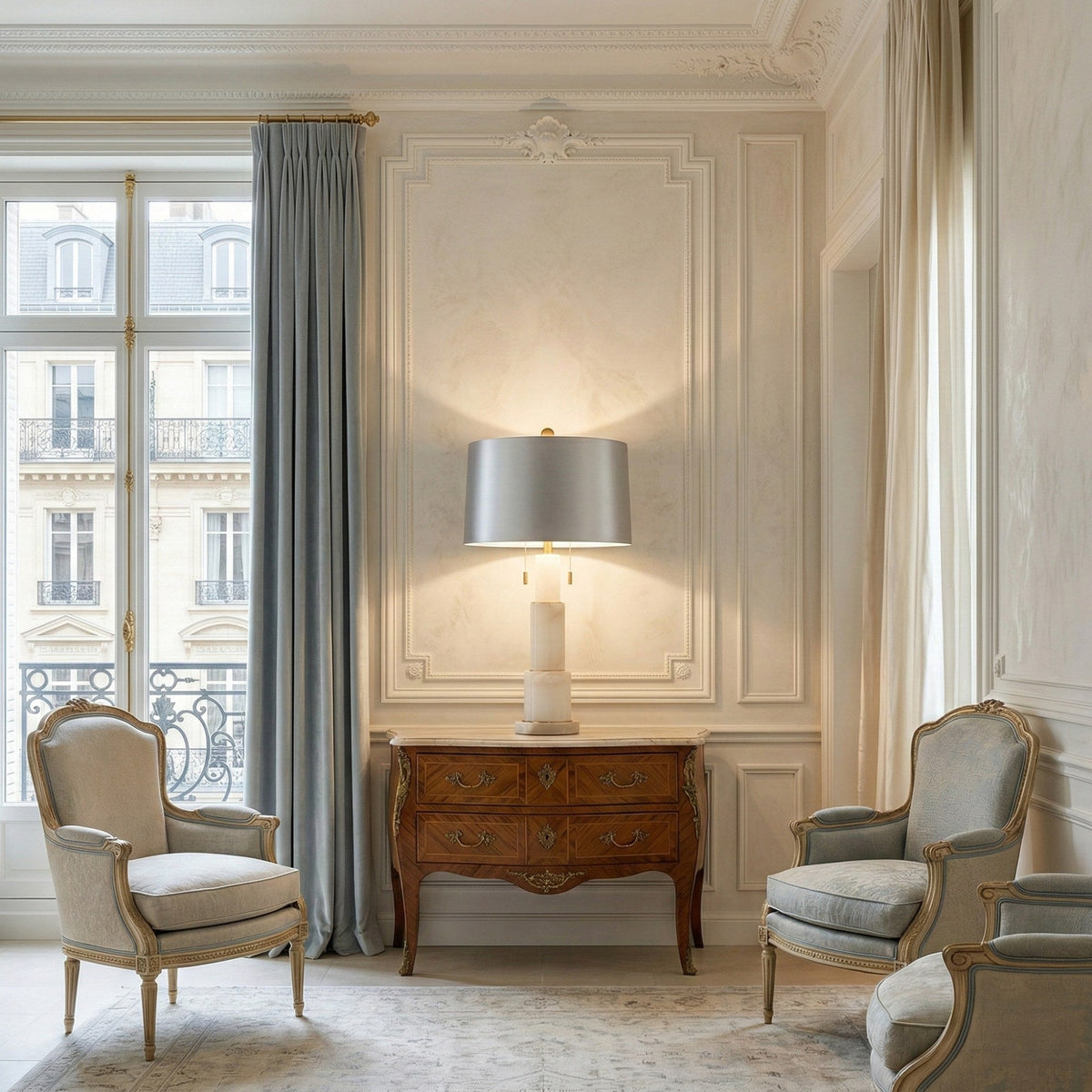 Eloria Stacked Alabaster Table Lamp, Brushed Brass, Grey Shade