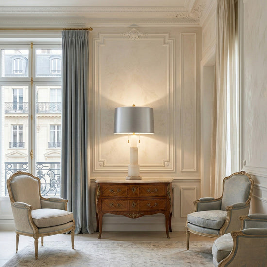 Eloria Stacked Alabaster Table Lamp, Brushed Brass, Grey Shade