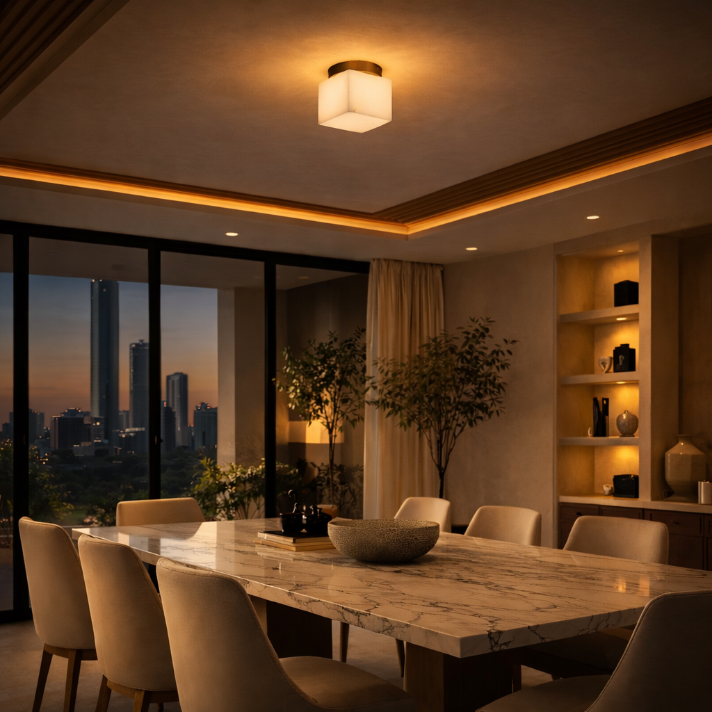 Bravora 1 Light Cube Alabaster Semi-Flush Ceiling Light - Soft White & Brushed Brass