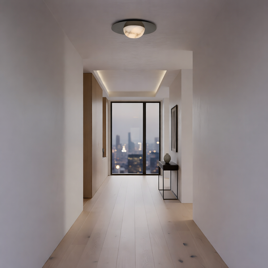 Arvello 1 Light Wide Dome Alabaster Semi-Flush Ceiling Light - Soft White & Matte Black