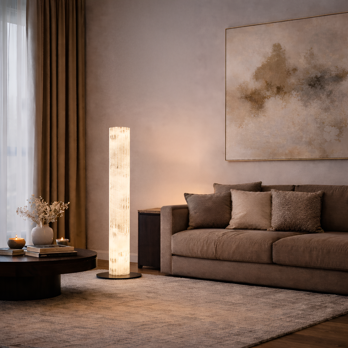 Vellum LED Alabaster Column Floor Lamp - Brushed Brass