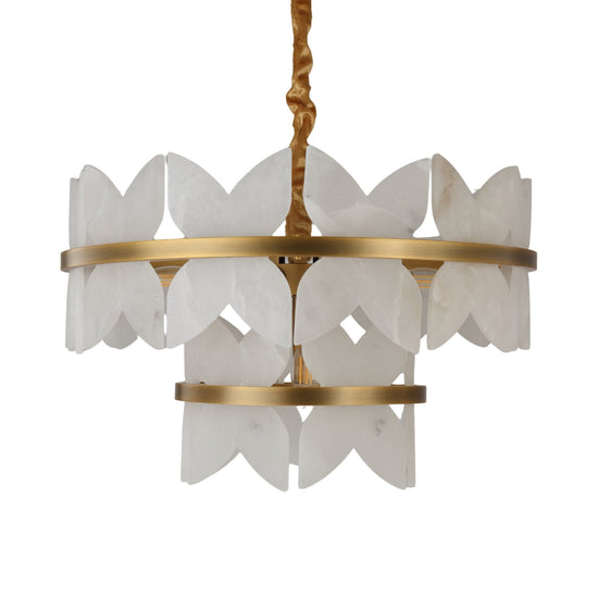 Petraia 2 Tier Floral Alabaster Chandelier - Brushed Brass