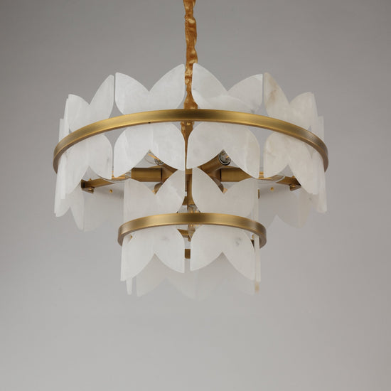 Petraia 2 Tier Floral Alabaster Chandelier - Brushed Brass