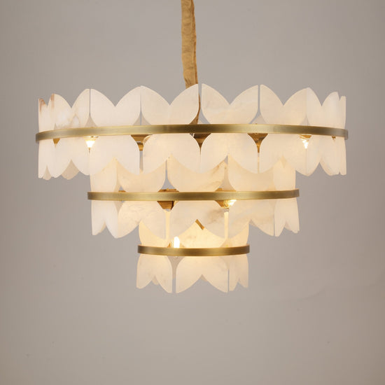 Petraia 3 Tier Floral Alabaster Chandelier - Brushed Brass