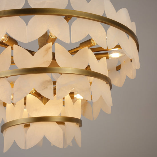 Petraia 3 Tier Floral Alabaster Chandelier - Brushed Brass