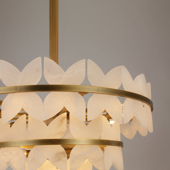 Petraia 3 Tier Floral Alabaster Chandelier - Brushed Brass