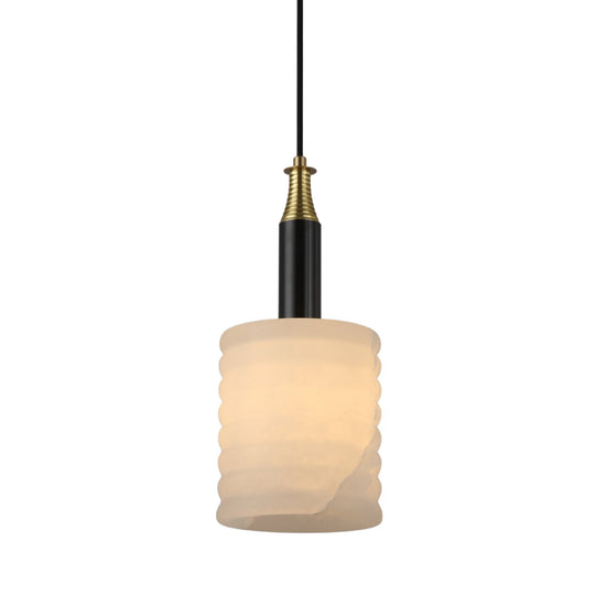 Bellaro 1 Light Small Textured Column Alabaster Pendant - Soft White & Brass
