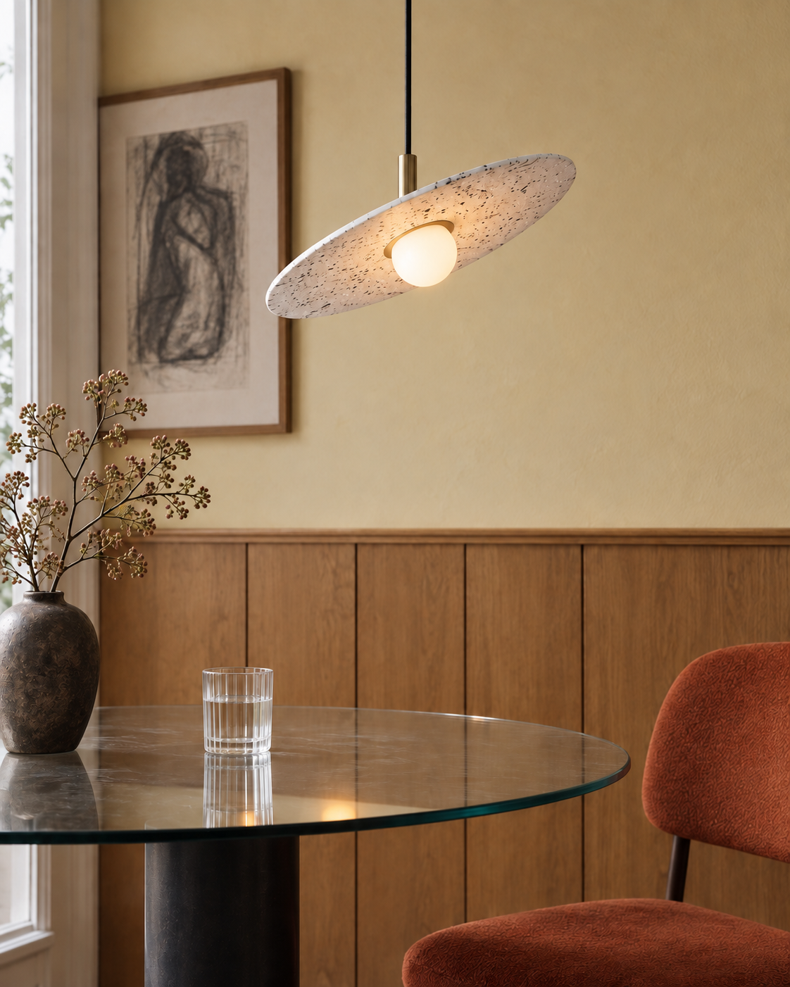 Ciretta Stone Disc Pendant Light — light on; AI-generated interior scene; White