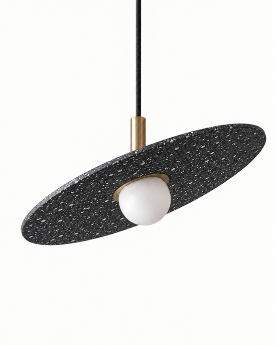 Ciretta Stone Disc Pendant Light — white background product view; AI-generated finish illustration; black