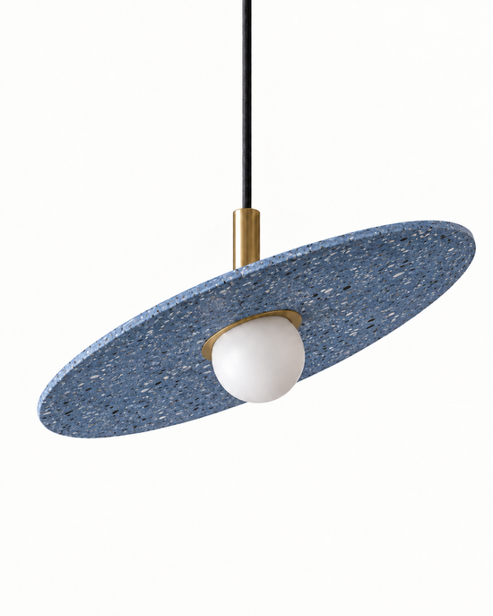 Ciretta Stone Disc Pendant Light — white background product view; AI-generated finish illustration; blue
