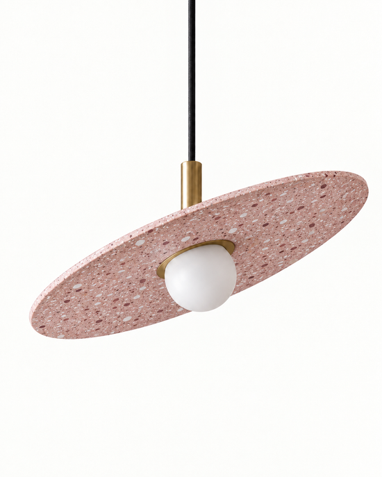 Ciretta Stone Disc Pendant Light — white background product view; AI-generated finish illustration; pink