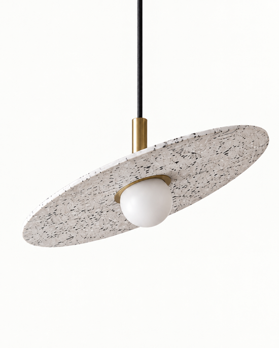Ciretta Stone Disc Pendant Light — white background product view; AI-generated finish illustration; white
