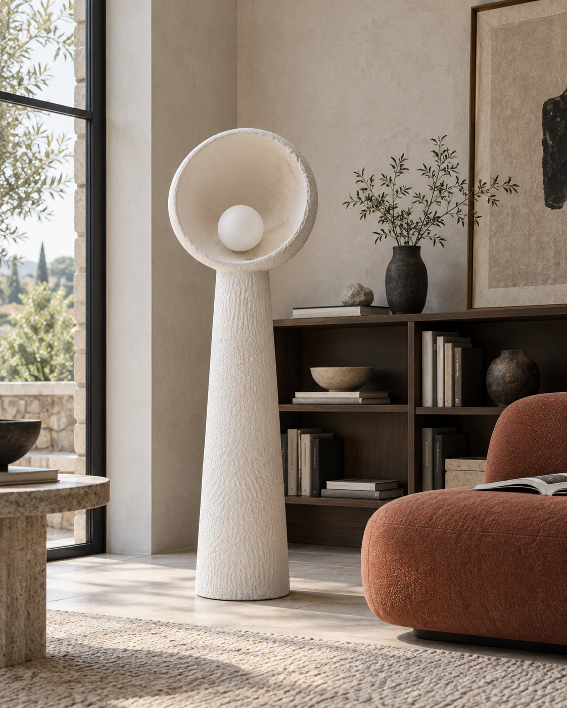 Dalisa Textured Resin Dish Floor Lamp — light off; AI-generated interior scene; 400 mm representative model