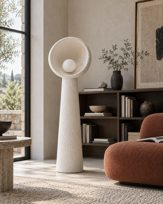 Dalisa Textured Resin Dish Floor Lamp — light off; AI-generated interior scene; 400 mm representative model