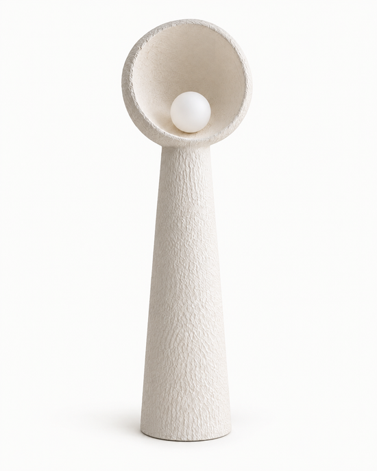 Dalisa Textured Resin Dish Floor Lamp — white background product view; AI-generated illustration; 400 mm representative model