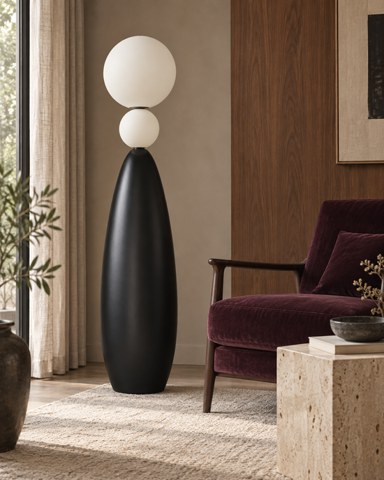 Dalisa Double Globe Resin Floor Lamp — light off; AI-generated interior scene; Black, 380 mm