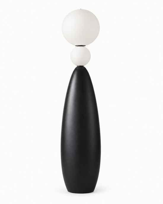 Dalisa Double Globe Resin Floor Lamp — white background product view; AI-generated illustration; Black, 380 mm