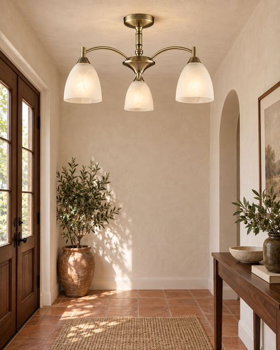 Emmy Bronze Alabaster 3 Light Glass Semi-Flush Ceiling Light — AI-generated room illustration