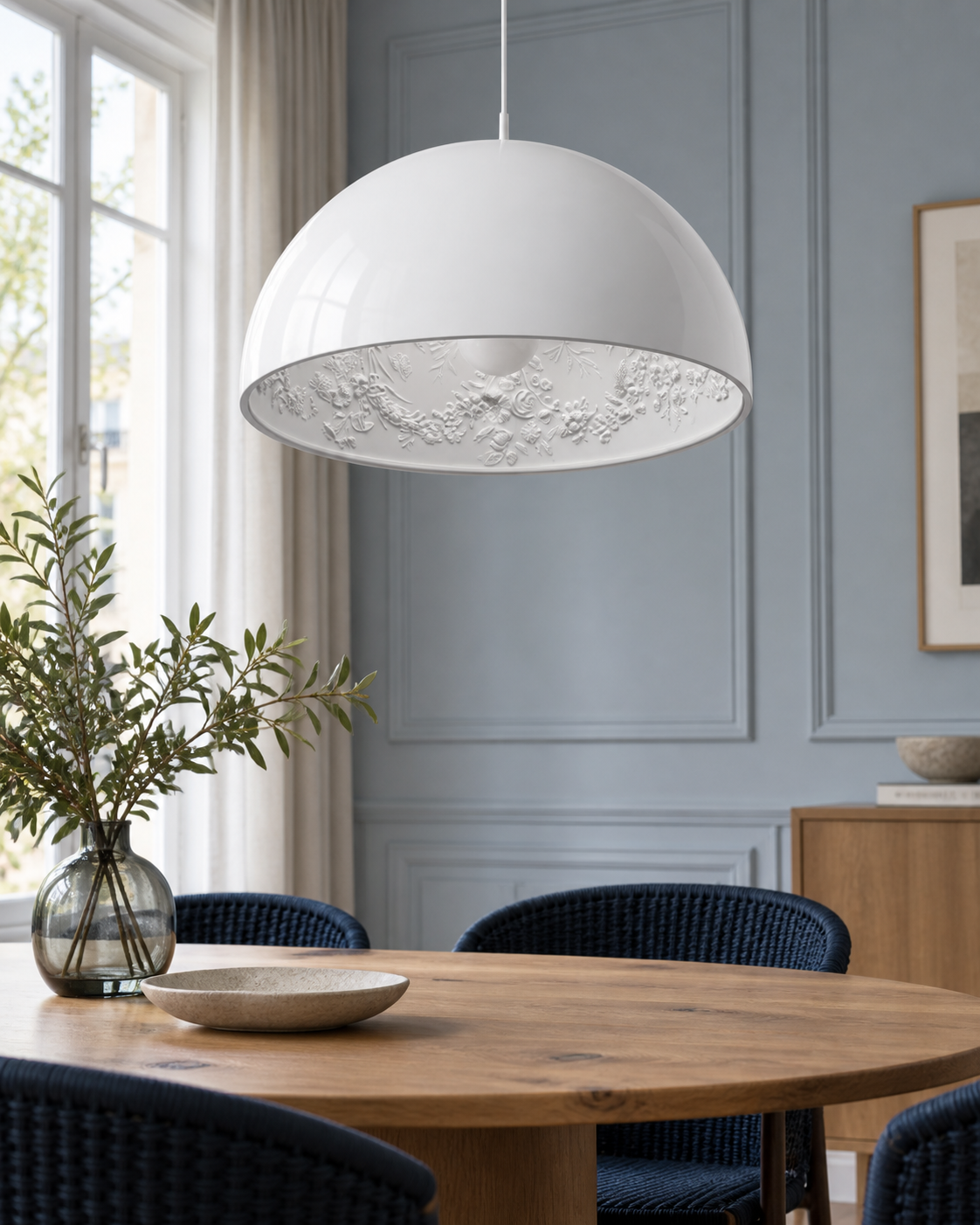 Garita Floral Interior Dome Pendant Light — light off; AI-generated interior scene; White, 600 mm representative model