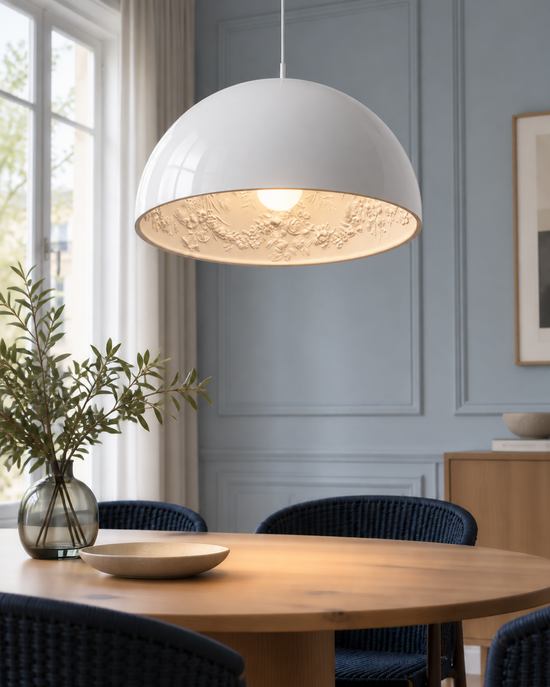 Garita Floral Interior Dome Pendant Light — light on; AI-generated interior scene; White, 600 mm representative model