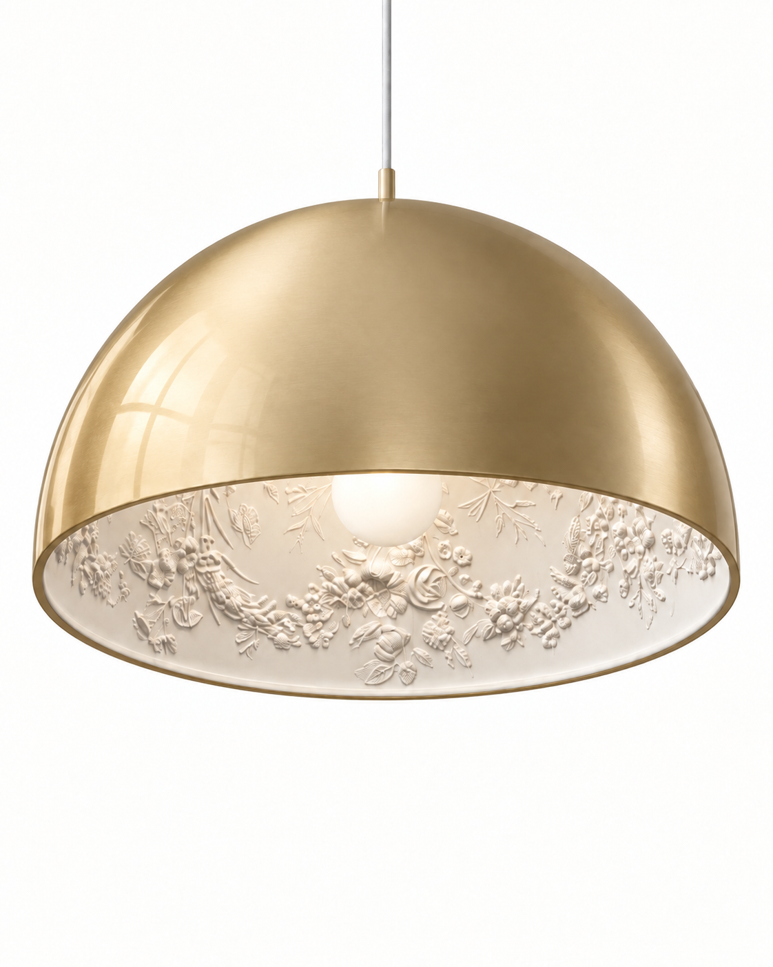 Garita Floral Interior Dome Pendant Light — white background product view; AI-generated illustration; gold, 600 mm representative model