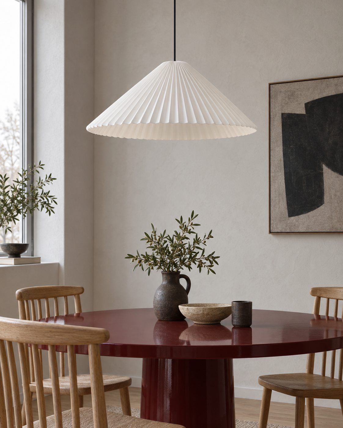 Linessa Pleated Resin Pendant Light — light off; AI-generated interior scene; 410 mm White
