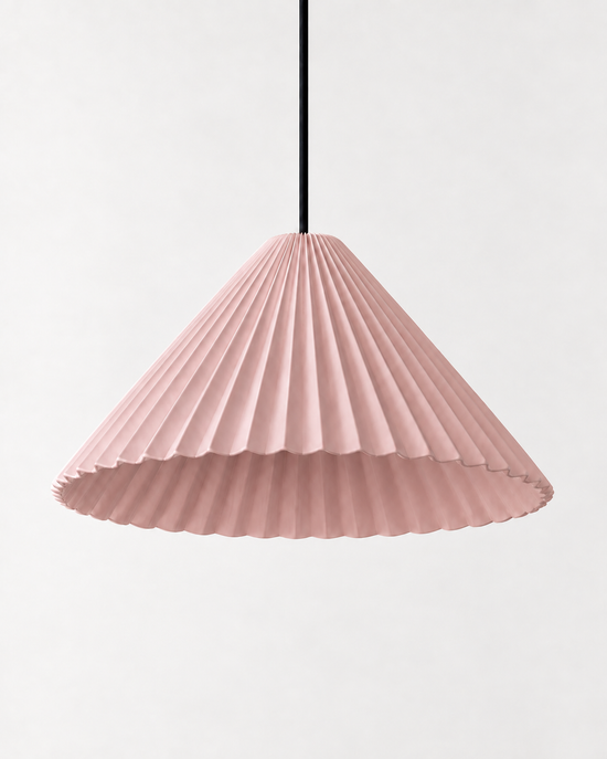 Linessa Pleated Resin Pendant Light — white background product view; AI-generated illustration; 210 pink