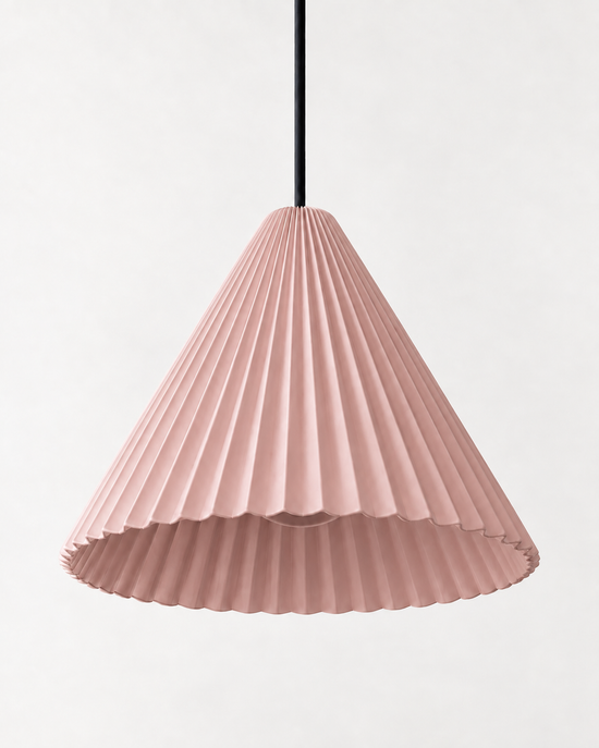 Linessa Pleated Resin Pendant Light — white background product view; AI-generated illustration; 320 pink