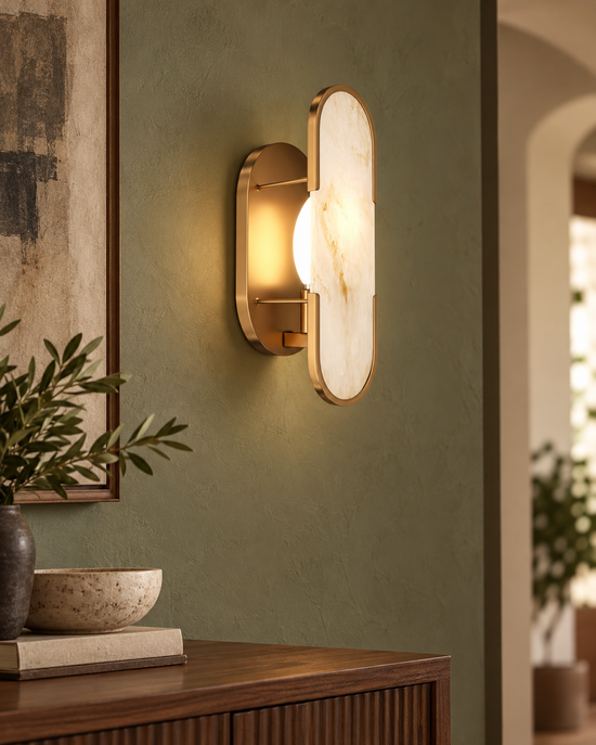 Marmo Alabaster Wall Light - Gold & Natural Stone — AI-generated room illustration