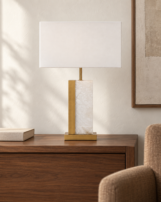 Bianco Alabaster Table Lamp - Brass & White Rectangular Shade — AI-generated illustrative interior setting; refer to original product photos for details