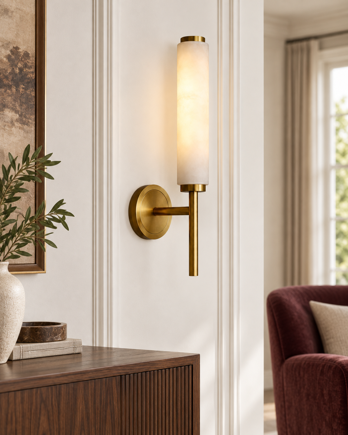 Noctera LED Alabaster Column Wall Light - Brushed Brass