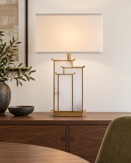 Veliora 1 Light Framed Alabaster Table Lamp - Brass & Soft White — AI-generated illustrative interior; refer to original product photos and specifications