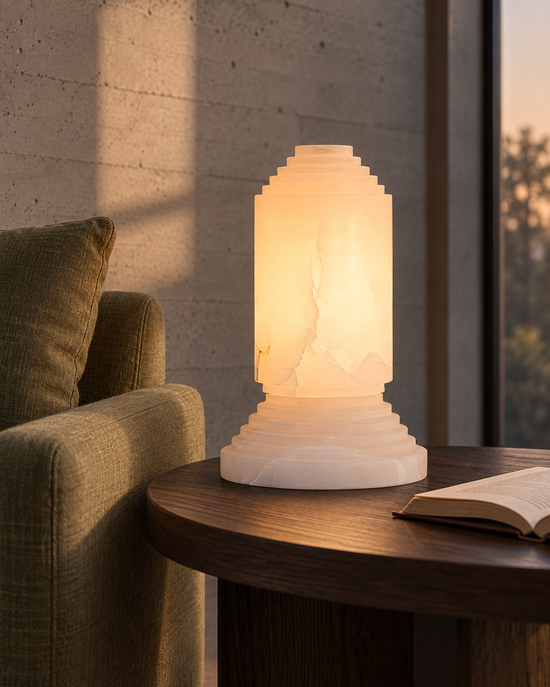 Lumorin Sculpted Alabaster Table Lamp - Soft White — AI-generated illustrative interior setting; refer to original product photos for details