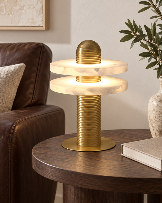 Nyxara LED Double Tiered Alabaster Table Lamp - Soft White & Brass — AI-generated illustrative interior; refer to original product photos and specifications