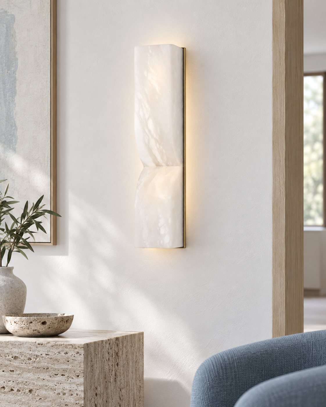 Vera LED Small Silhouette Alabaster Wall Light - Soft White — AI-generated illustrative interior; refer to original product photos and specifications