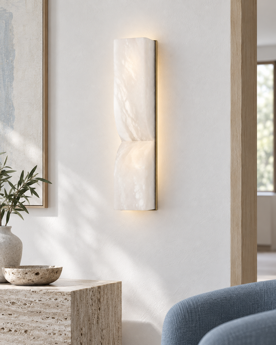 Vera LED Small Silhouette Alabaster Wall Light - Soft White — AI-generated illustrative interior; refer to original product photos and specifications