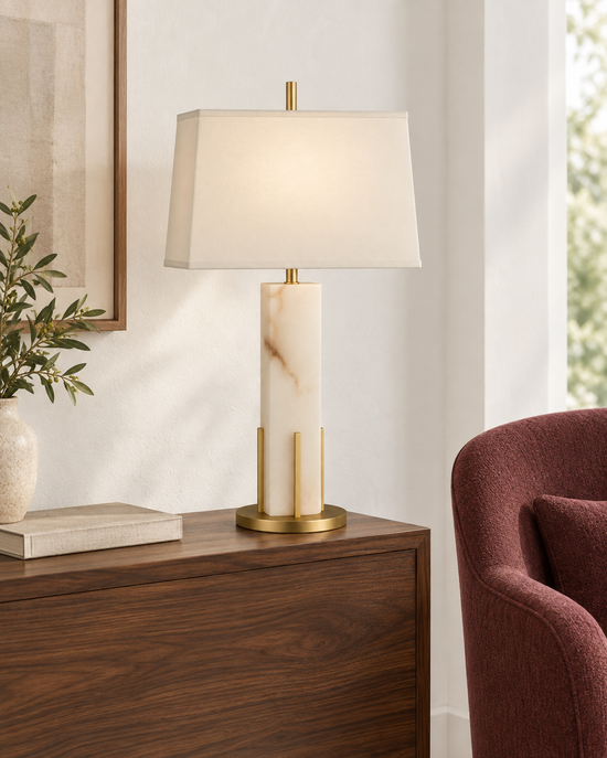 Strataform Framed Alabaster Table Lamp - Brushed Brass — AI-generated illustrative interior; refer to original product photos and specifications