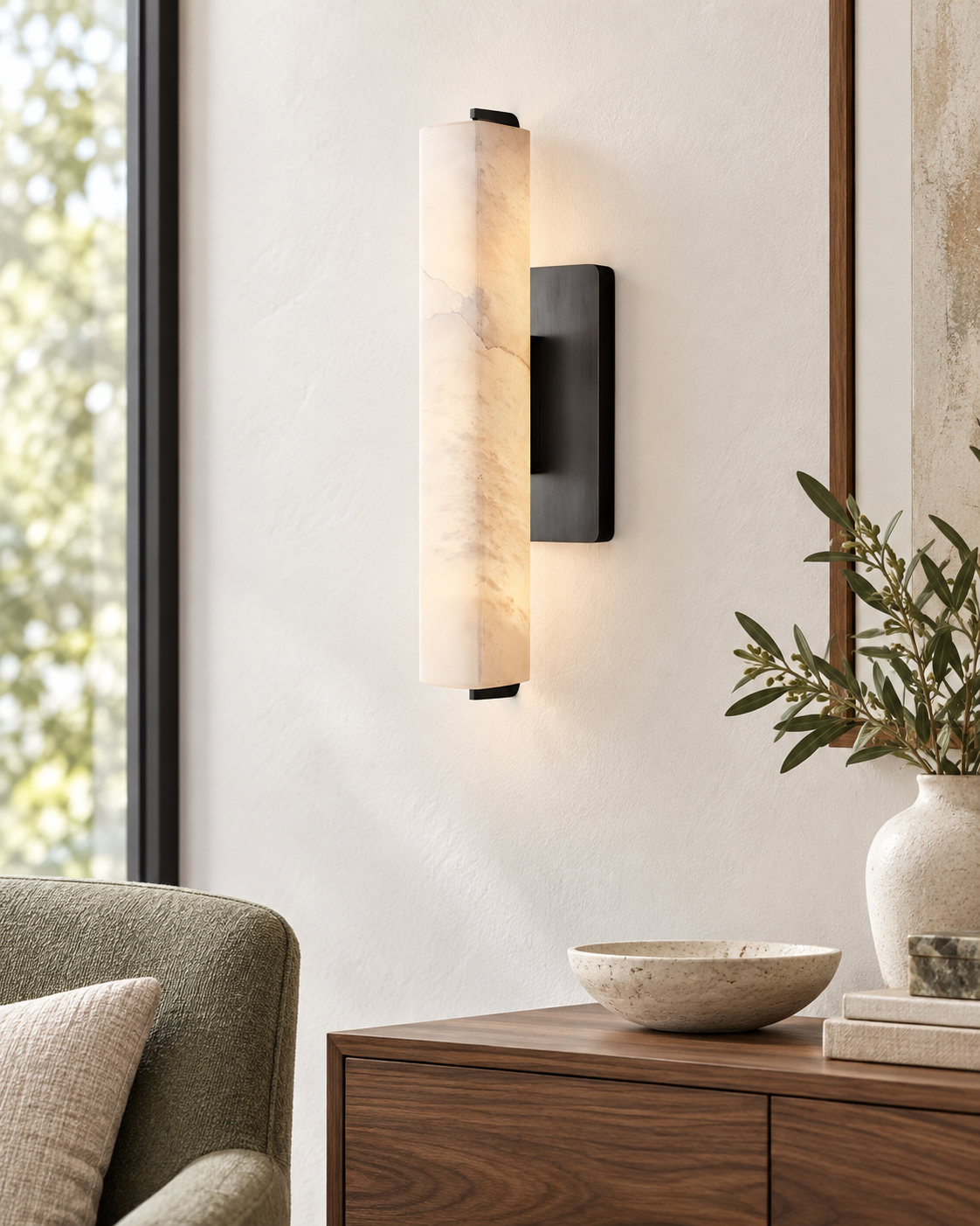 Selvara LED Small Alabaster Wall Light - Matt Black — AI-generated illustrative interior; refer to original product photos and specifications