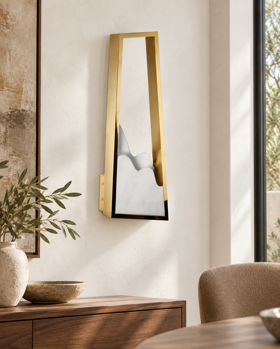 Atria LED Left Alabaster Wall Light - Brushed Brass — AI-generated illustrative interior; refer to original product photos and specifications