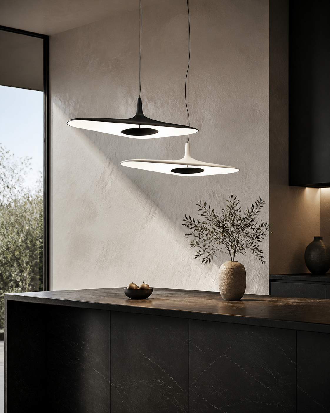 MOPOCE Eclipse Tray Pendant installed above a contemporary kitchen island