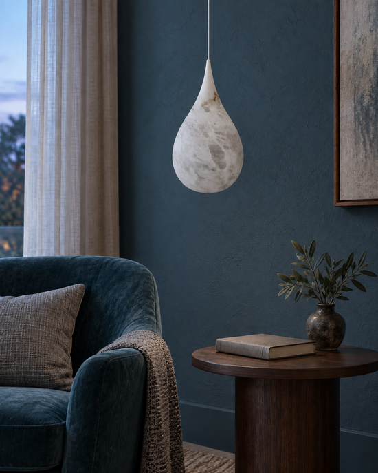 Virello pendant — AI-generated illustrative interior — light off; actual light output depends on the bulb