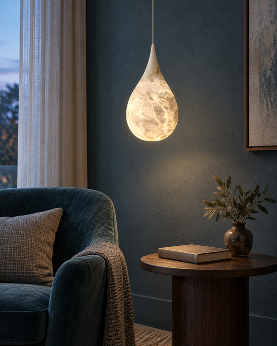 Virello pendant — AI-generated illustrative interior — light on; actual light output depends on the bulb