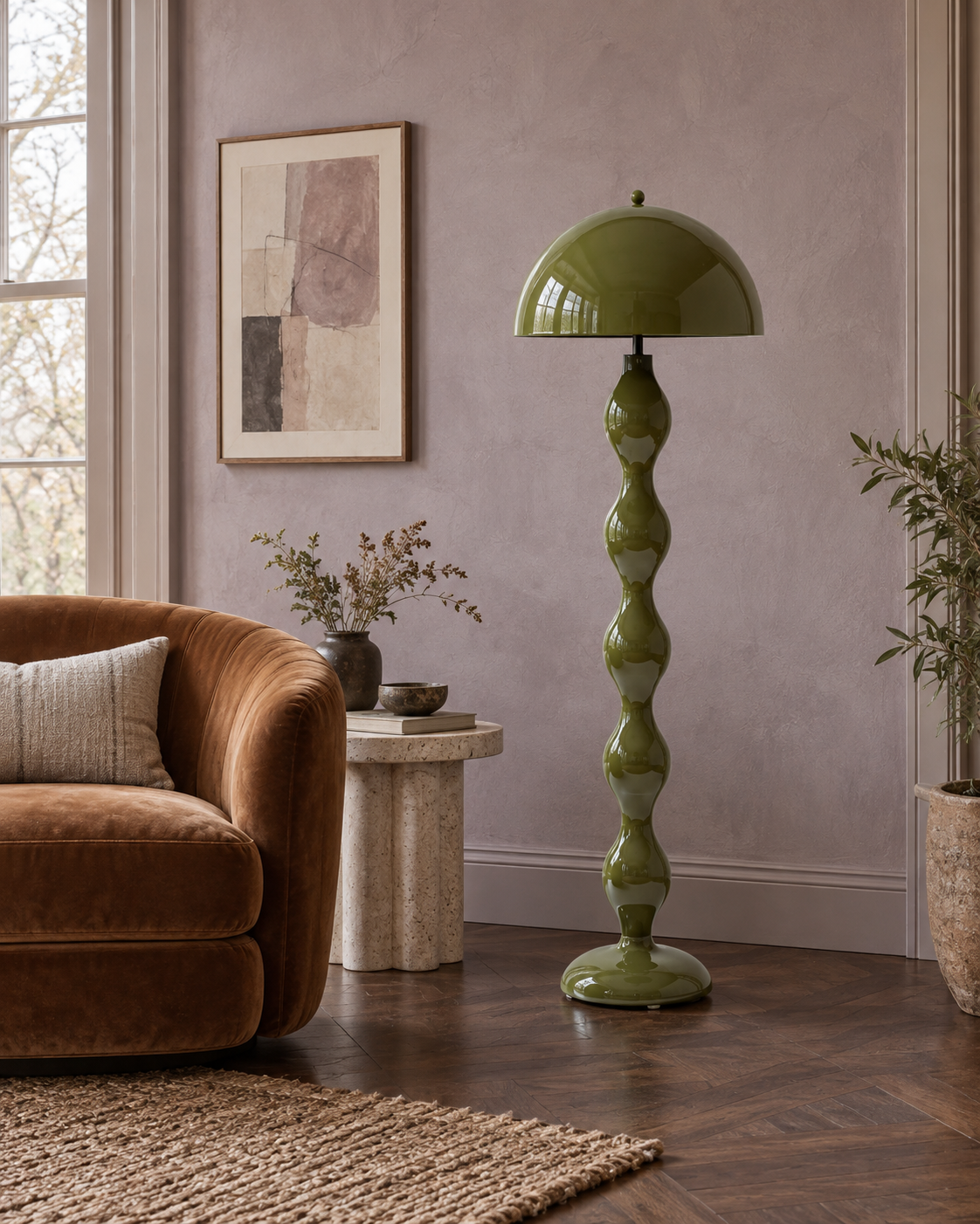 Oroessa Sculptural Resin Floor Lamp — light off; AI-generated interior scene; Green