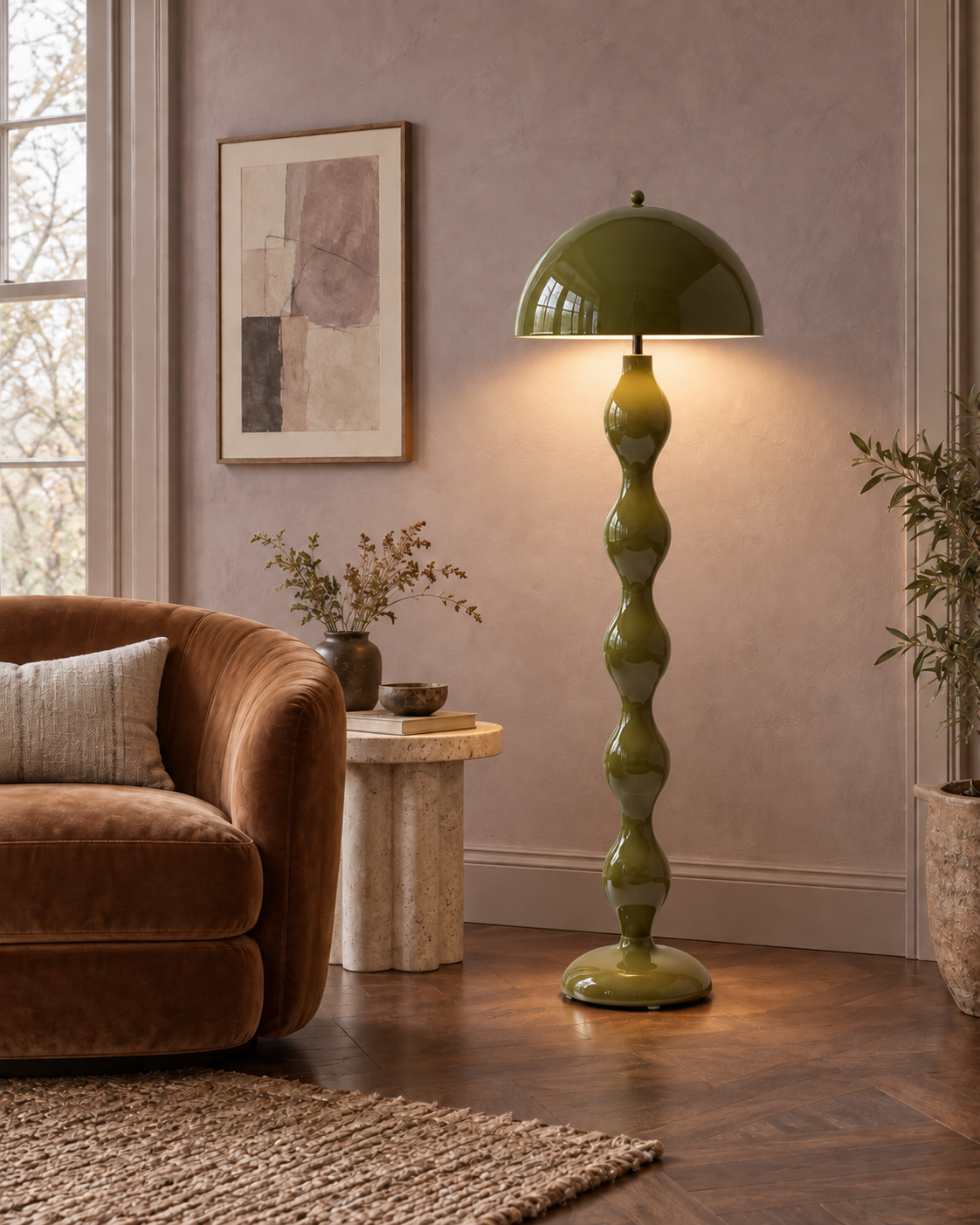 Oroessa Sculptural Resin Floor Lamp — light on; AI-generated interior scene; Green