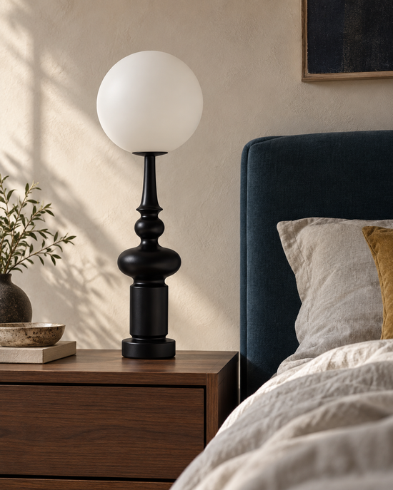 Palasa Sculptural Resin Table Lamp — light off; AI-generated interior scene; Black, 250 mm