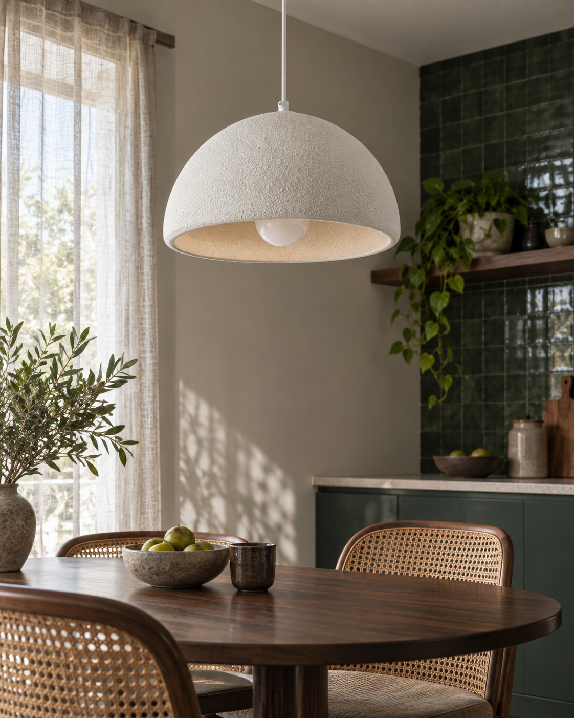 Senesta Textured Resin Dome Pendant Light — light off; AI-generated interior scene; White, 400 mm representative model