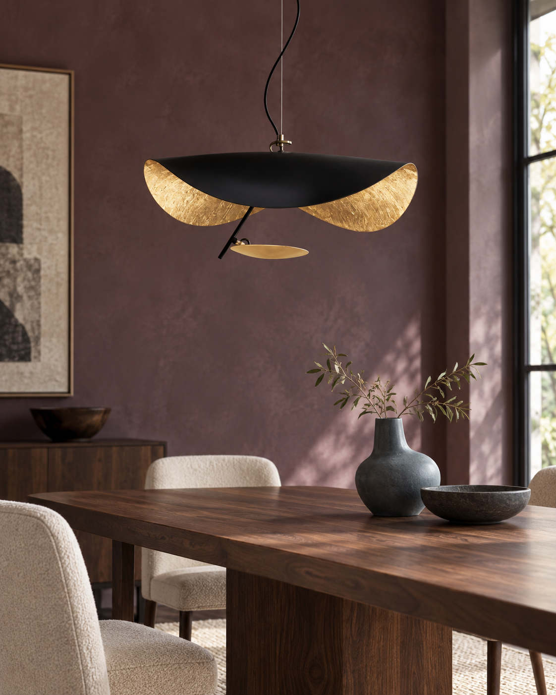 Solasa Sculptural Metal Pendant Light — light off; AI-generated interior scene